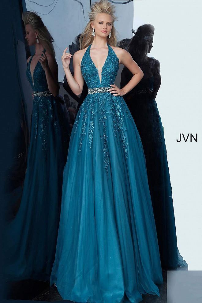 JVN By Jovani Long Prom Ball Gown JVN00923 Teal - The Dress Outlet Jovani