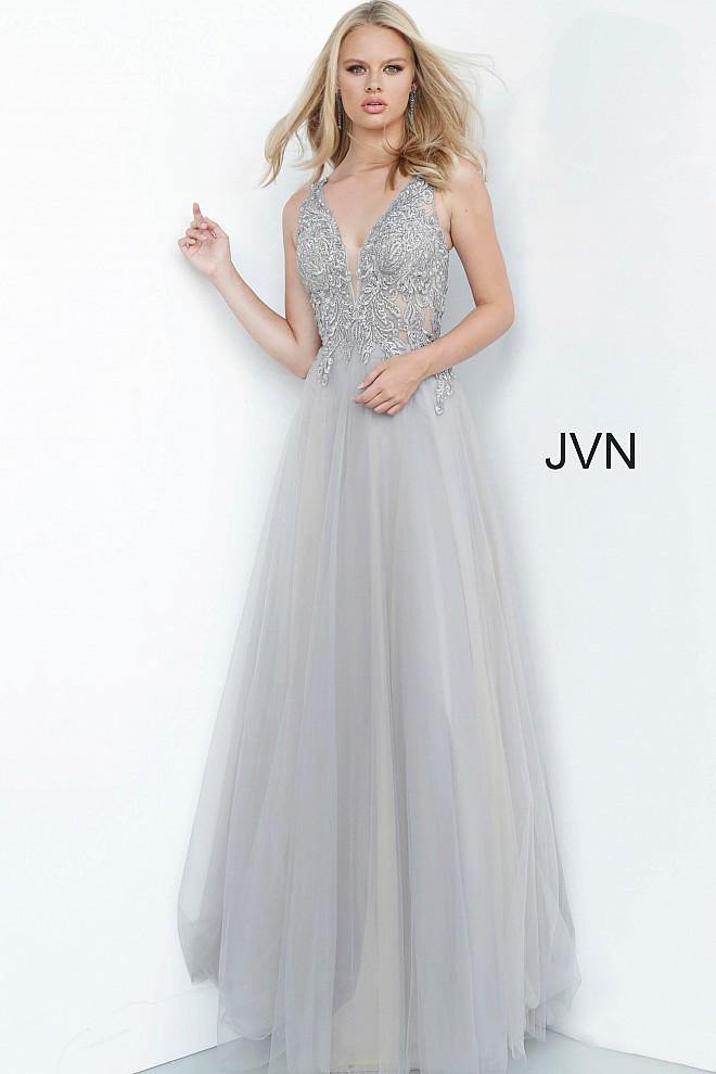 JVN By Jovani Long Prom Ball Gown JVN00942 Grey - The Dress Outlet Jovani