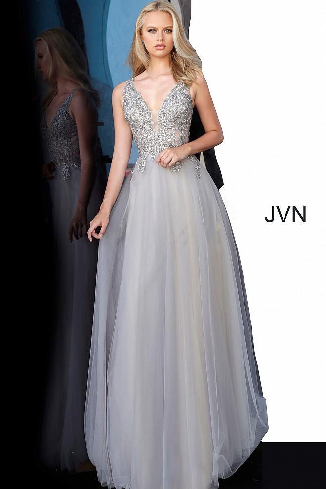 JVN By Jovani Long Prom Ball Gown JVN00942 Grey - The Dress Outlet Jovani