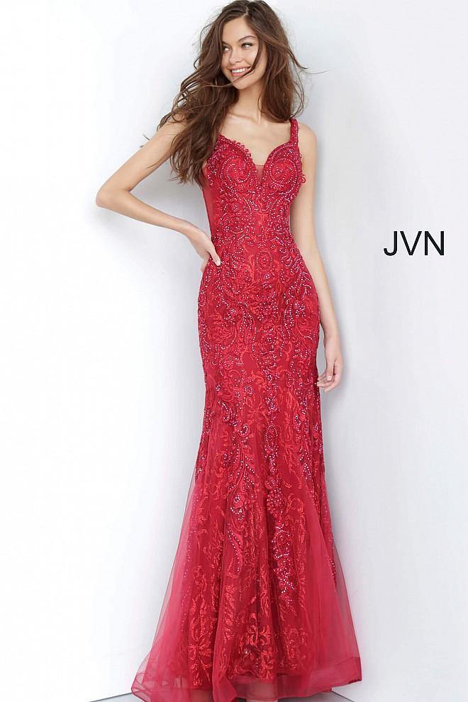 JVN By Jovani Long Mermaid Prom Gown JVN02319 Wine - The Dress Outlet Jovani