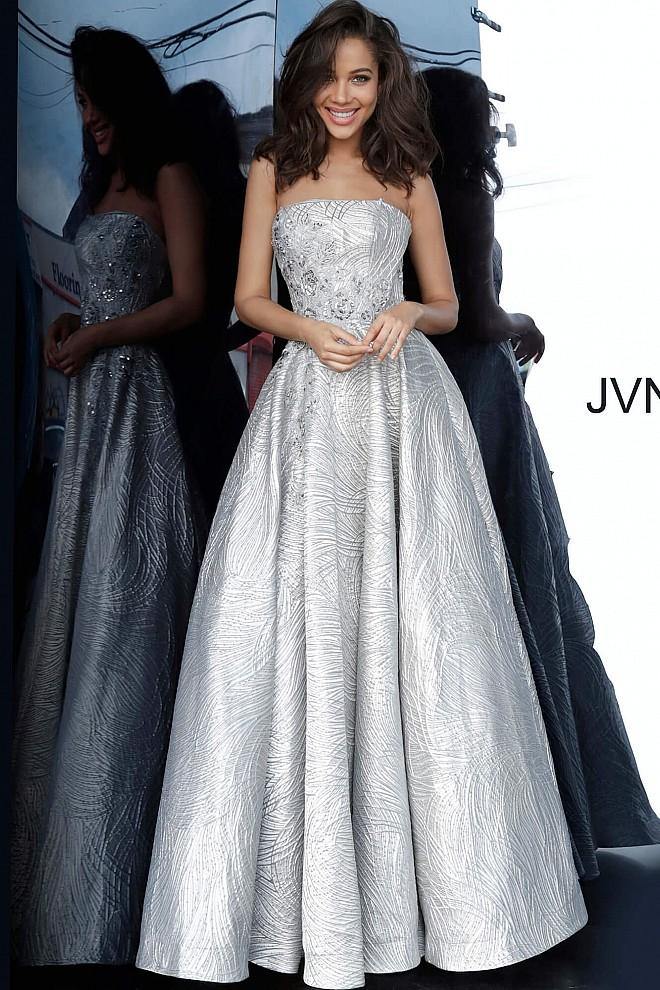 JVN By Jovani Long Formal Prom Gown JVN02323 Silver - The Dress Outlet Jovani