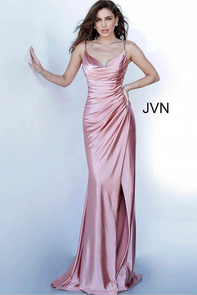 JVN By Jovani Long Formal Ruched Prom Gown Dusty Pink