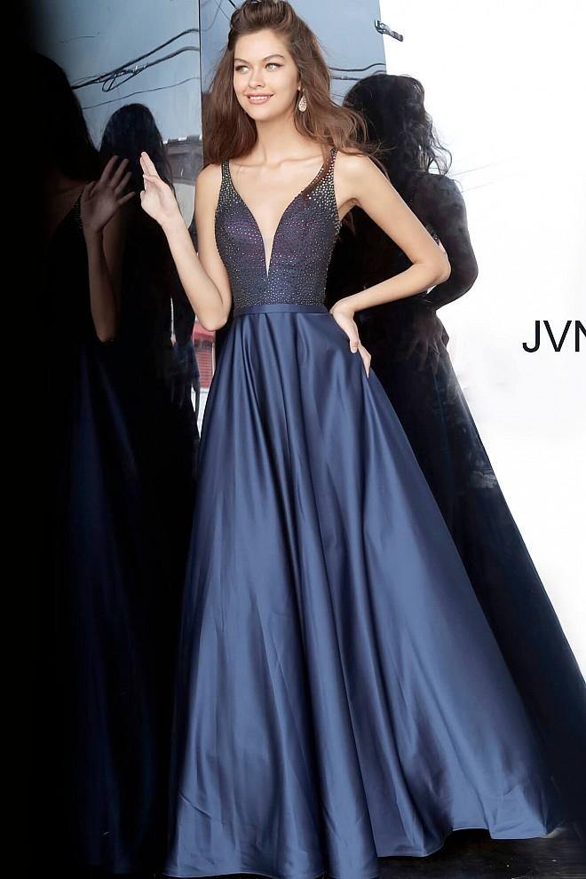 JVN By Jovani Beaded Long Prom Gown JVN2469 Navy - The Dress Outlet Jovani