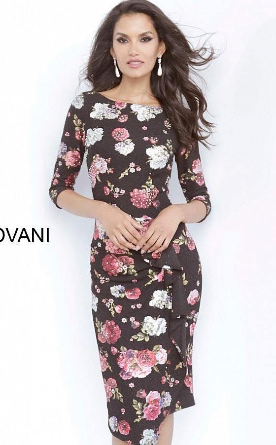 Jovani Bateau Neckline Floral Cocktail Dress JVN2915 - The Dress Outlet