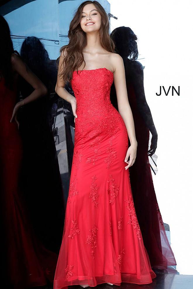 JVN By Jovani Long Strapless Prom Dress JVN3097 Red - The Dress Outlet Jovani