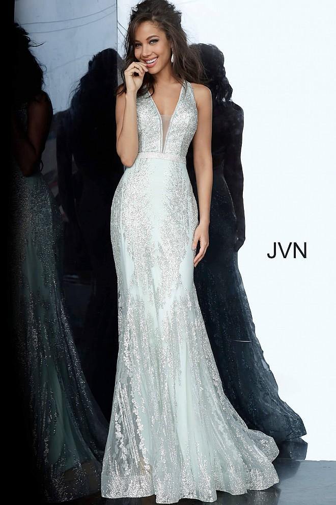 JVN By Jovani Long Formal Prom Dress JVN3663 Mint - The Dress Outlet Jovani