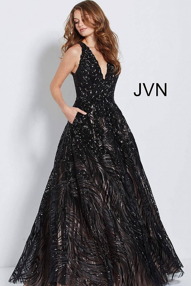 JVN By Jovani Long Formal V Neck Ball Gown JVN60641 - The Dress Outlet Jovani