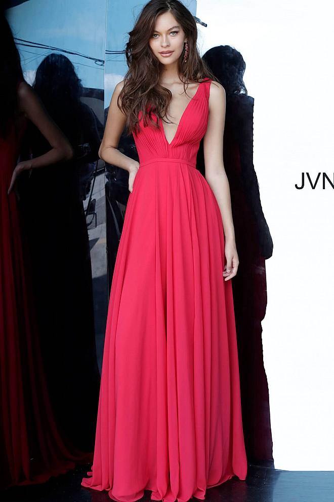 JVN By Jovani Long Chiffon Prom Gown JVN65014 Red - The Dress Outlet Jovani