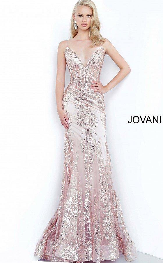 Jovani 3675 Prom Long Spaghetti Straps Mermaid Gown Rose Gold