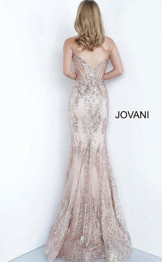 Jovani 3675 Prom Long Spaghetti Straps Mermaid Gown Rose Gold