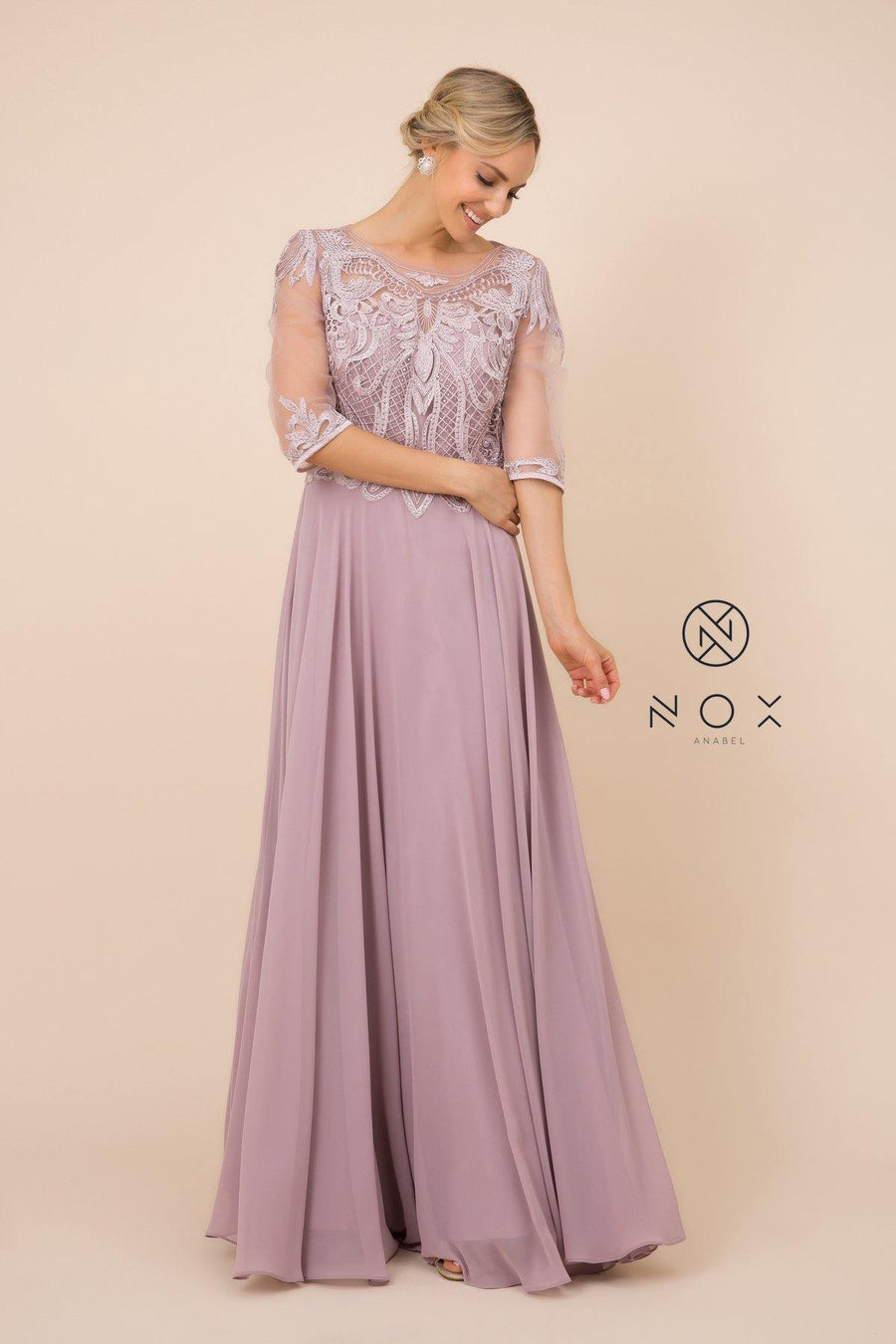 Lace Applique Chiffon Long Gown Formal - The Dress Outlet Nox Anabel