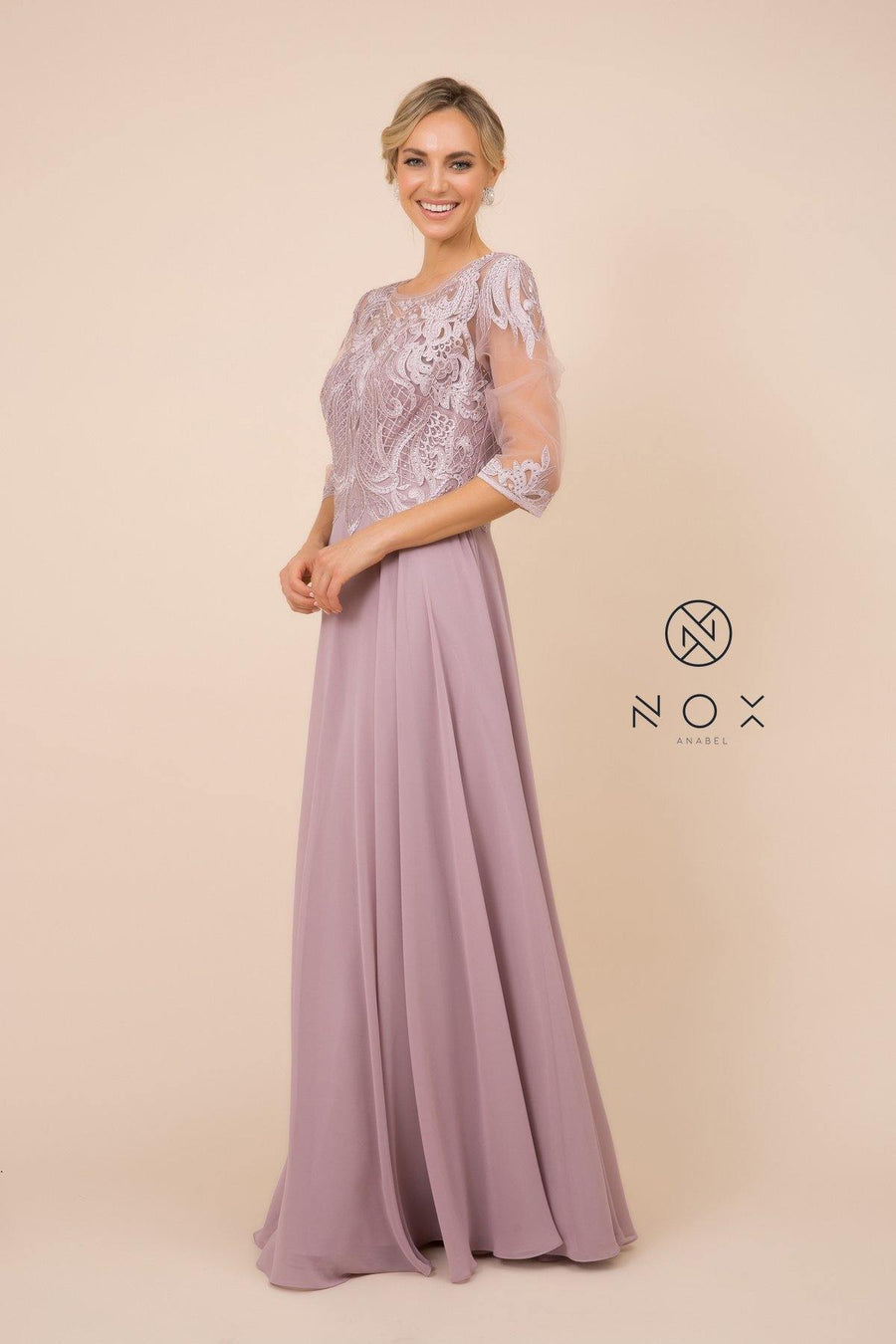 Lace Applique Chiffon Long Gown Formal - The Dress Outlet Nox Anabel