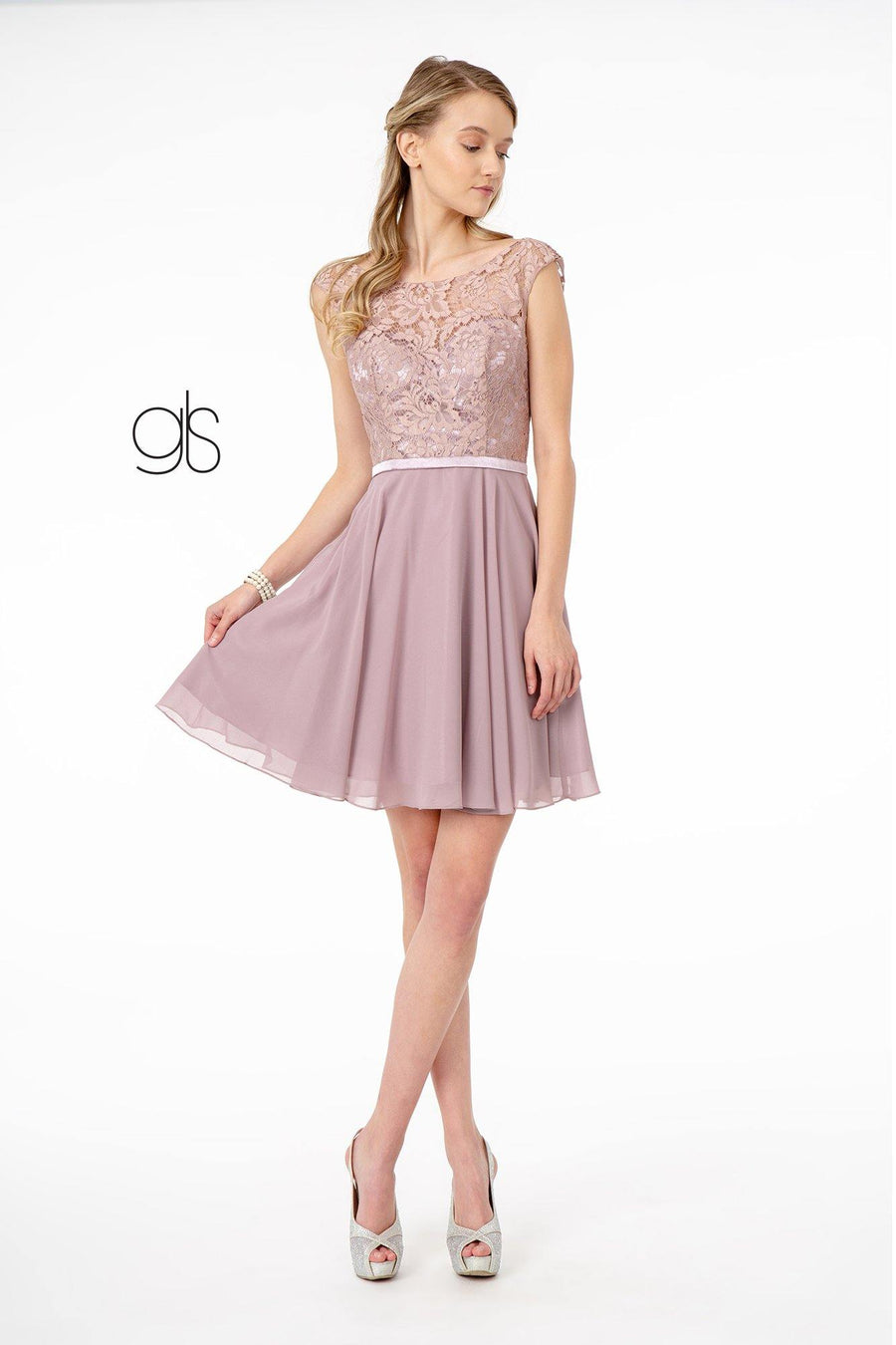 Lace Embellished Bodice Chiffon Short Dress - The Dress Outlet Elizabeth K