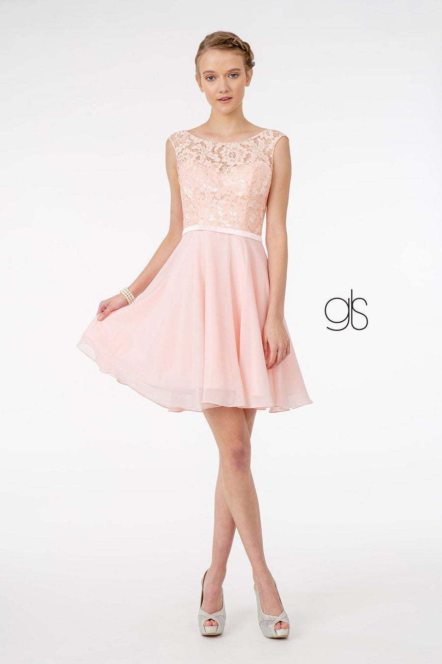 Lace Embellished Bodice Chiffon Short Dress - The Dress Outlet Elizabeth K