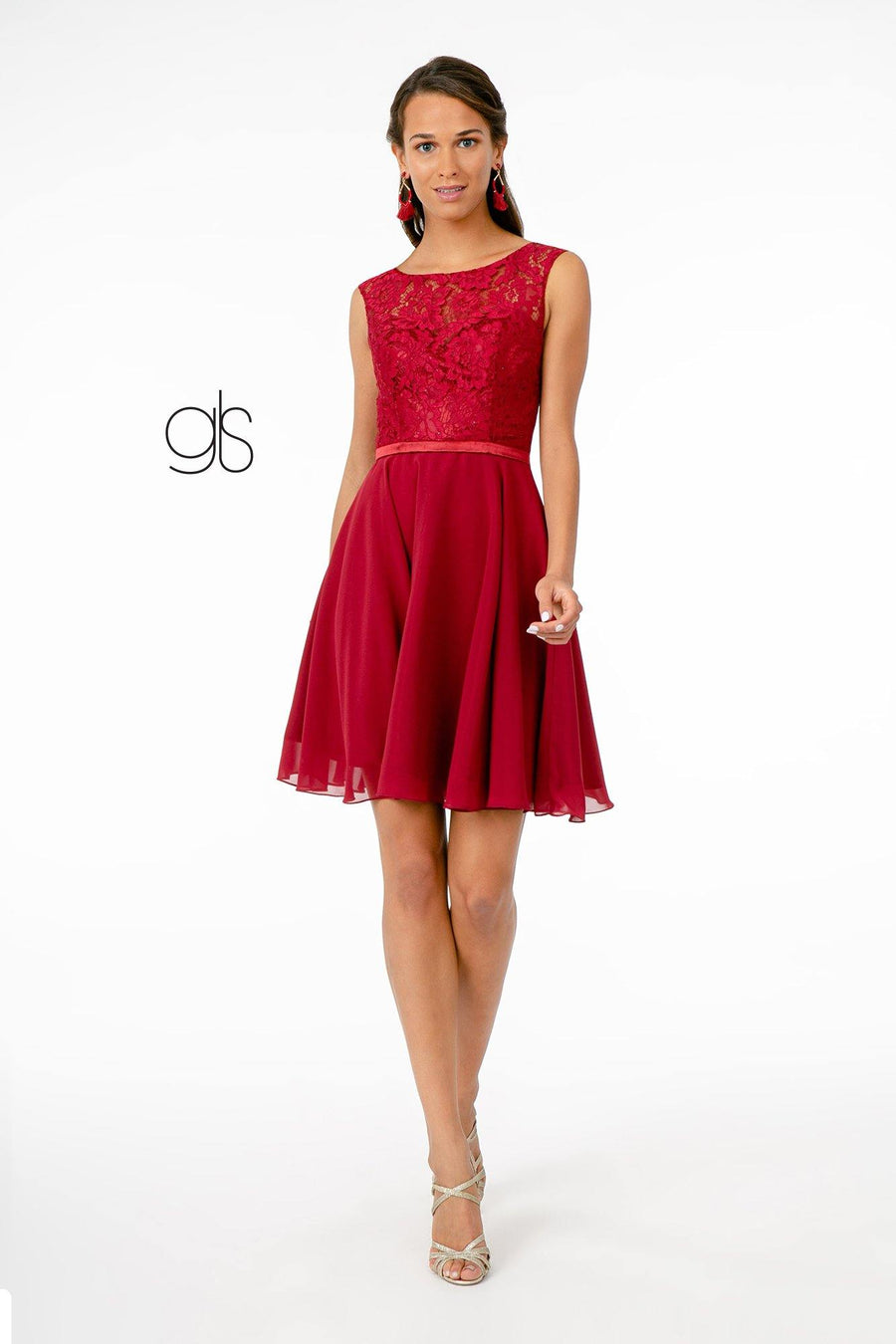 Lace Embellished Bodice Chiffon Short Dress - The Dress Outlet Elizabeth K