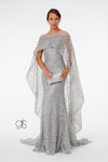 Lace Embellished Prom Long Dress with Attached Cape - The Dress Outlet Elizabeth K