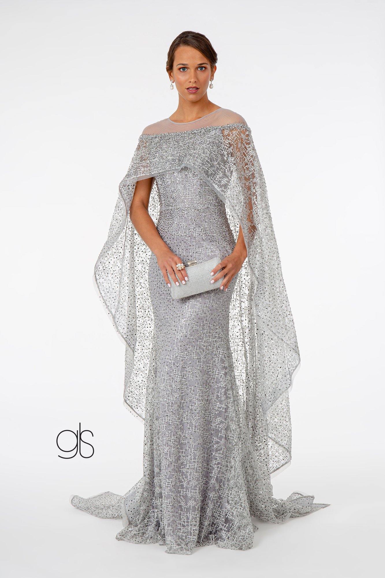 Lace Embellished Prom Long Dress with Attached Cape - The Dress Outlet Elizabeth K