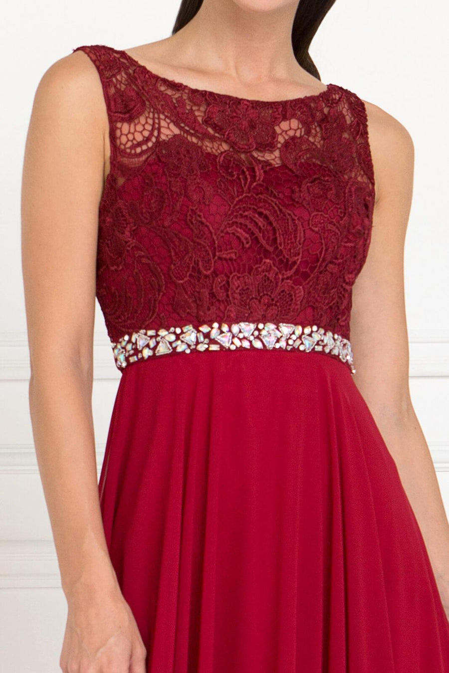 Lace Top Chiffon Long Formal Burgundy Dress - The Dress Outlet Elizabeth K