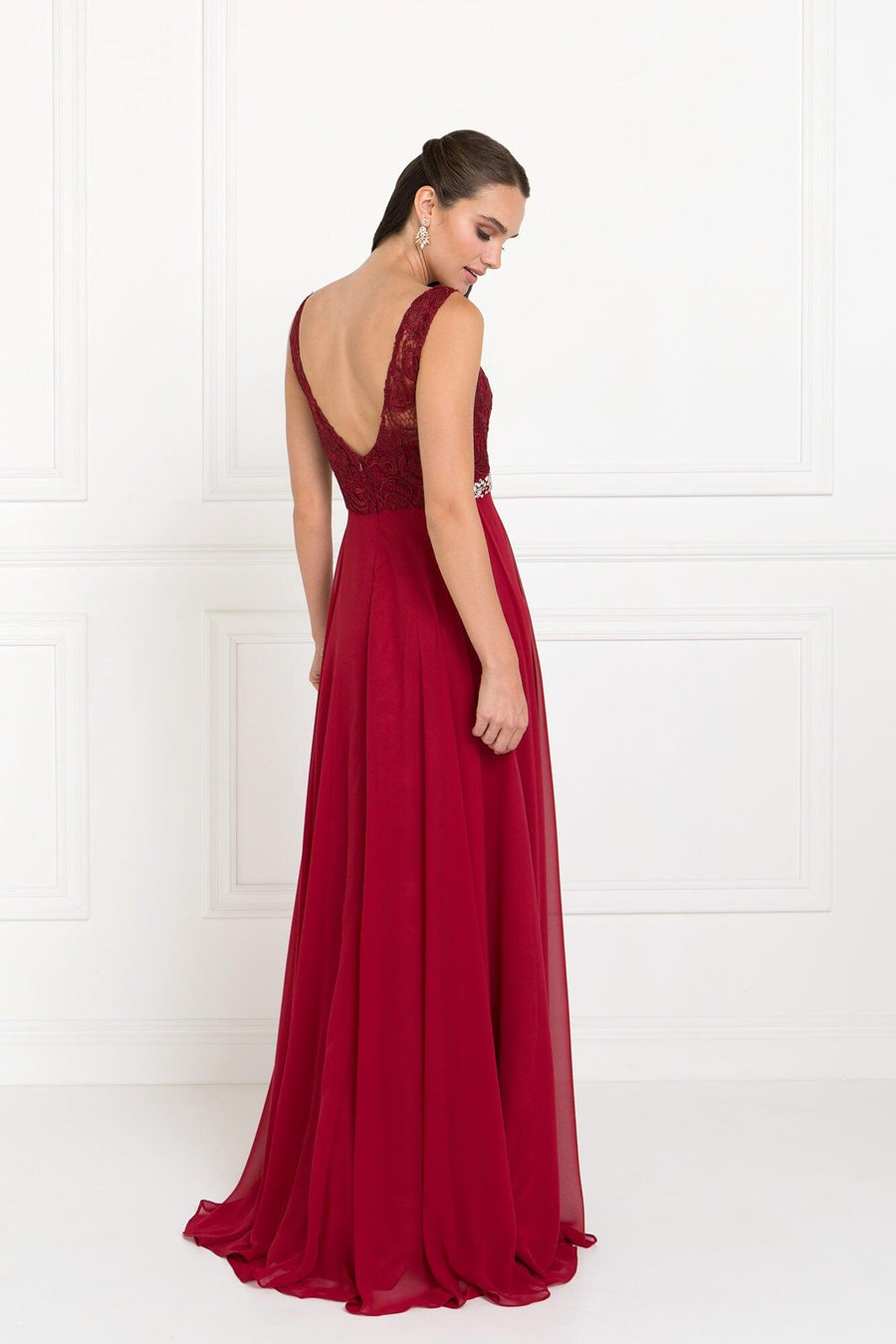 Lace Top Chiffon Long Formal Burgundy Dress - The Dress Outlet Elizabeth K