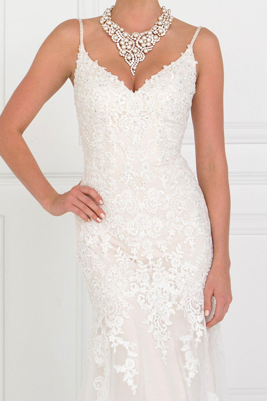 Lace V-Neck A-Line Long Wedding Dress - The Dress Outlet Elizabeth K