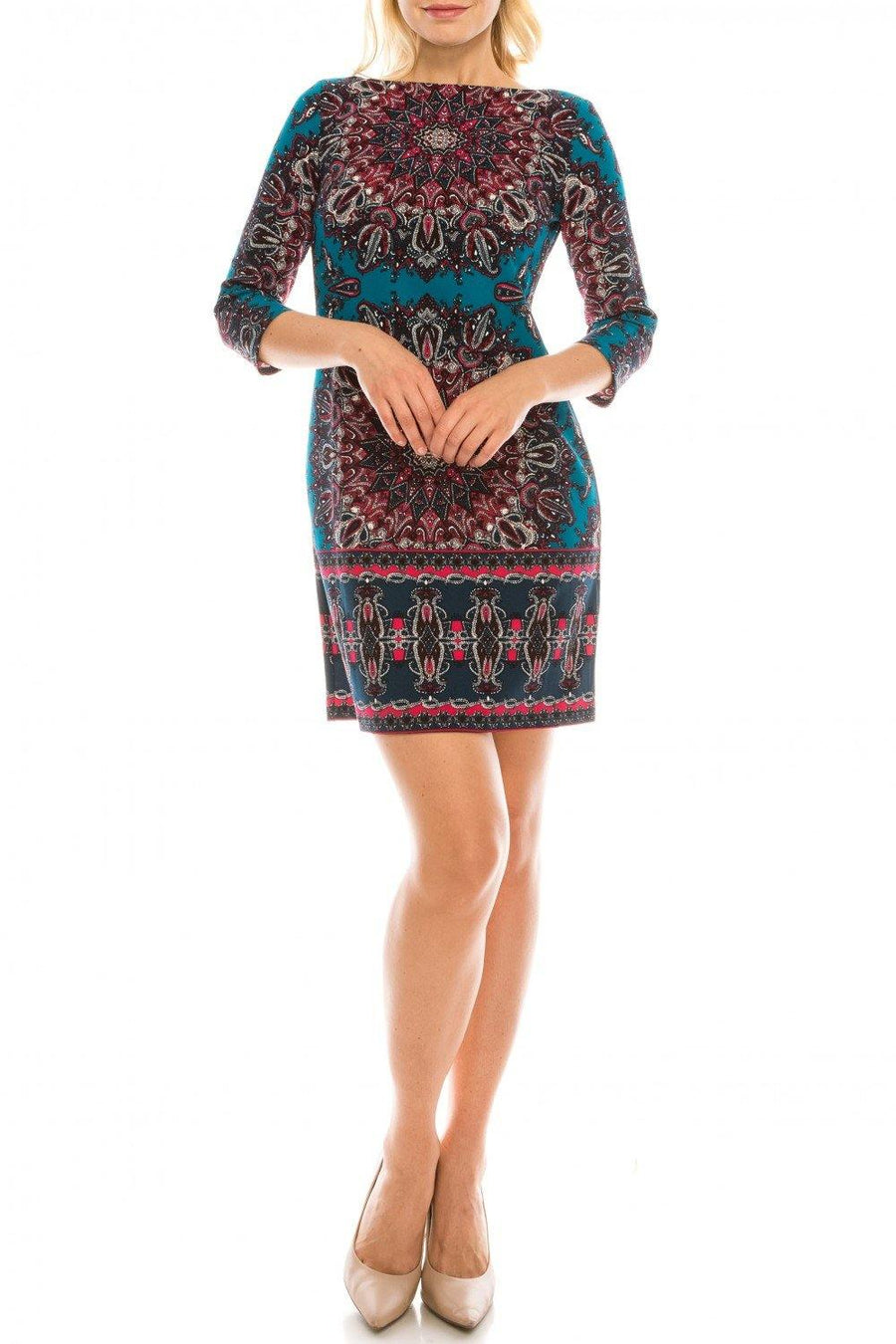 London Times Medallion Printed Short Dress - The Dress Outlet