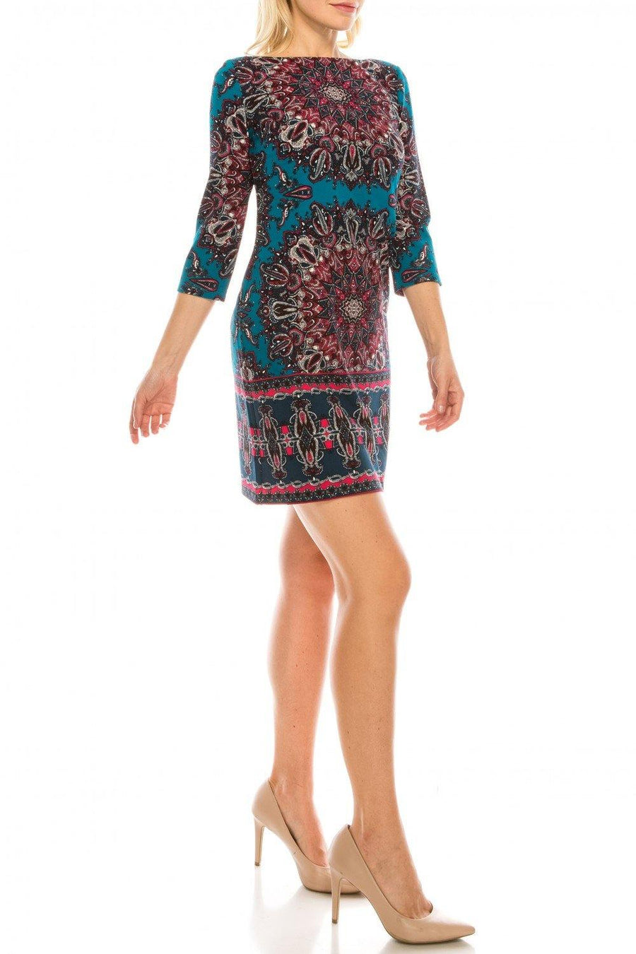 London Times Medallion Printed Short Dress - The Dress Outlet