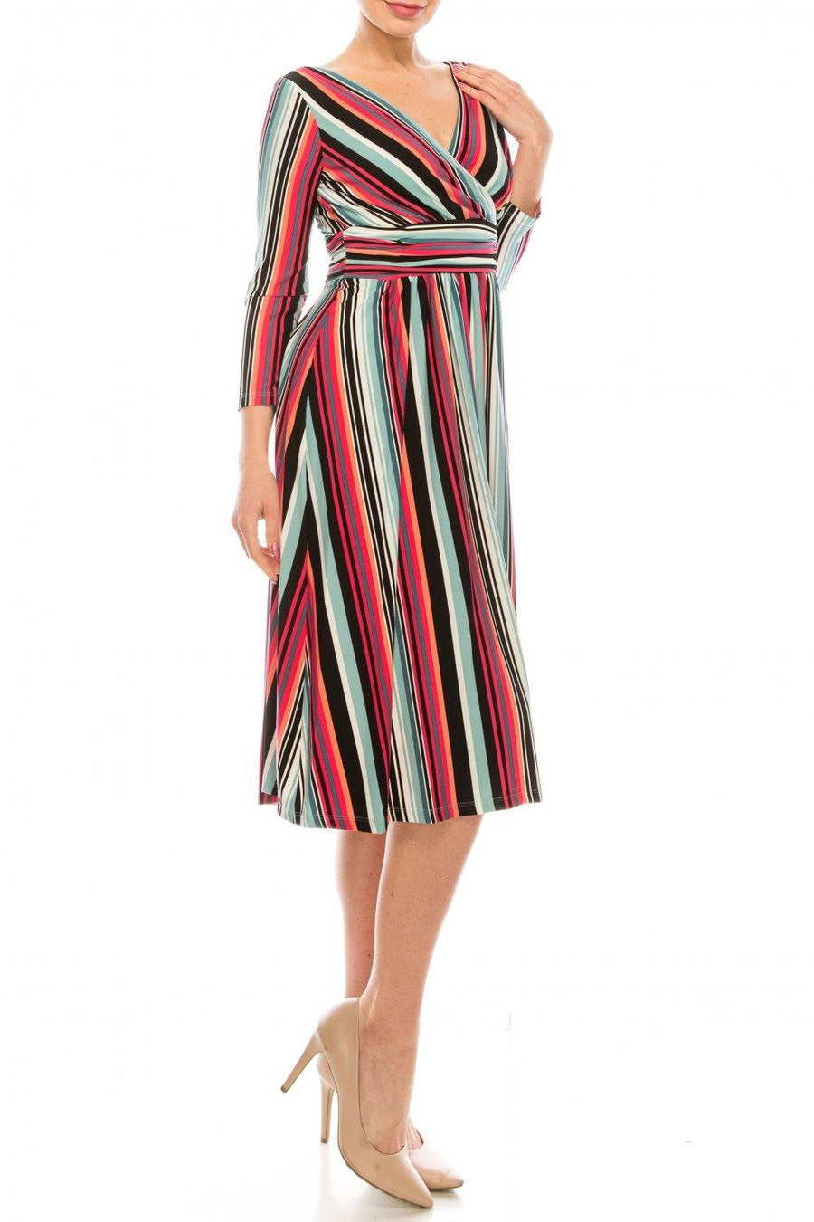 London Times Soft Striped Empire Waist Midi Dress - The Dress Outlet