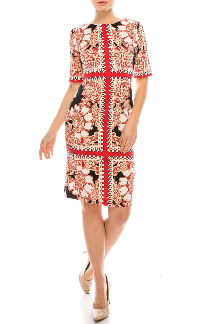 London Times Trellis Scuba Symmetrical Sheath Dress - The Dress Outlet