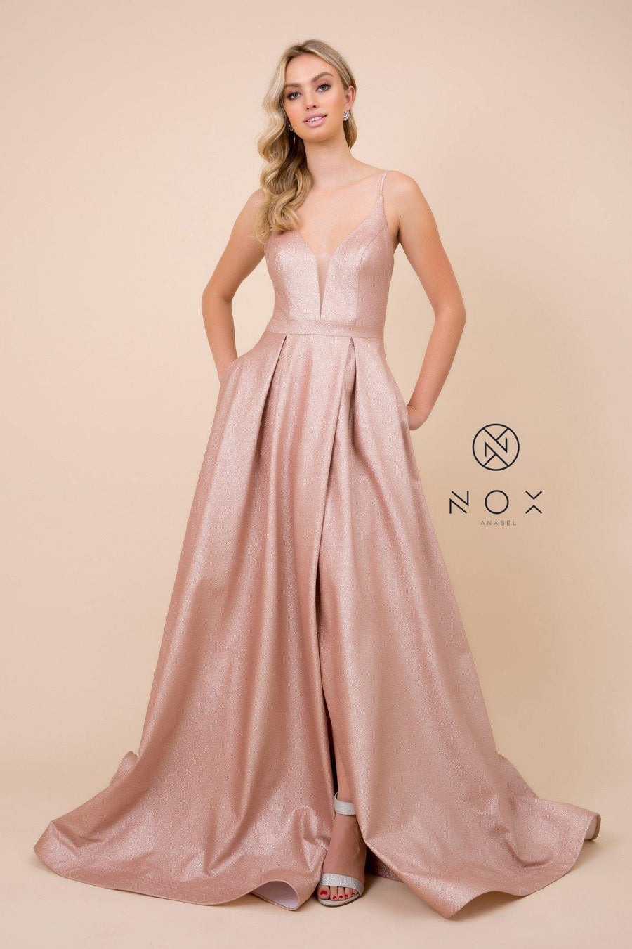 Long A-Line Glitter Knit Prom Dress Rose Gold