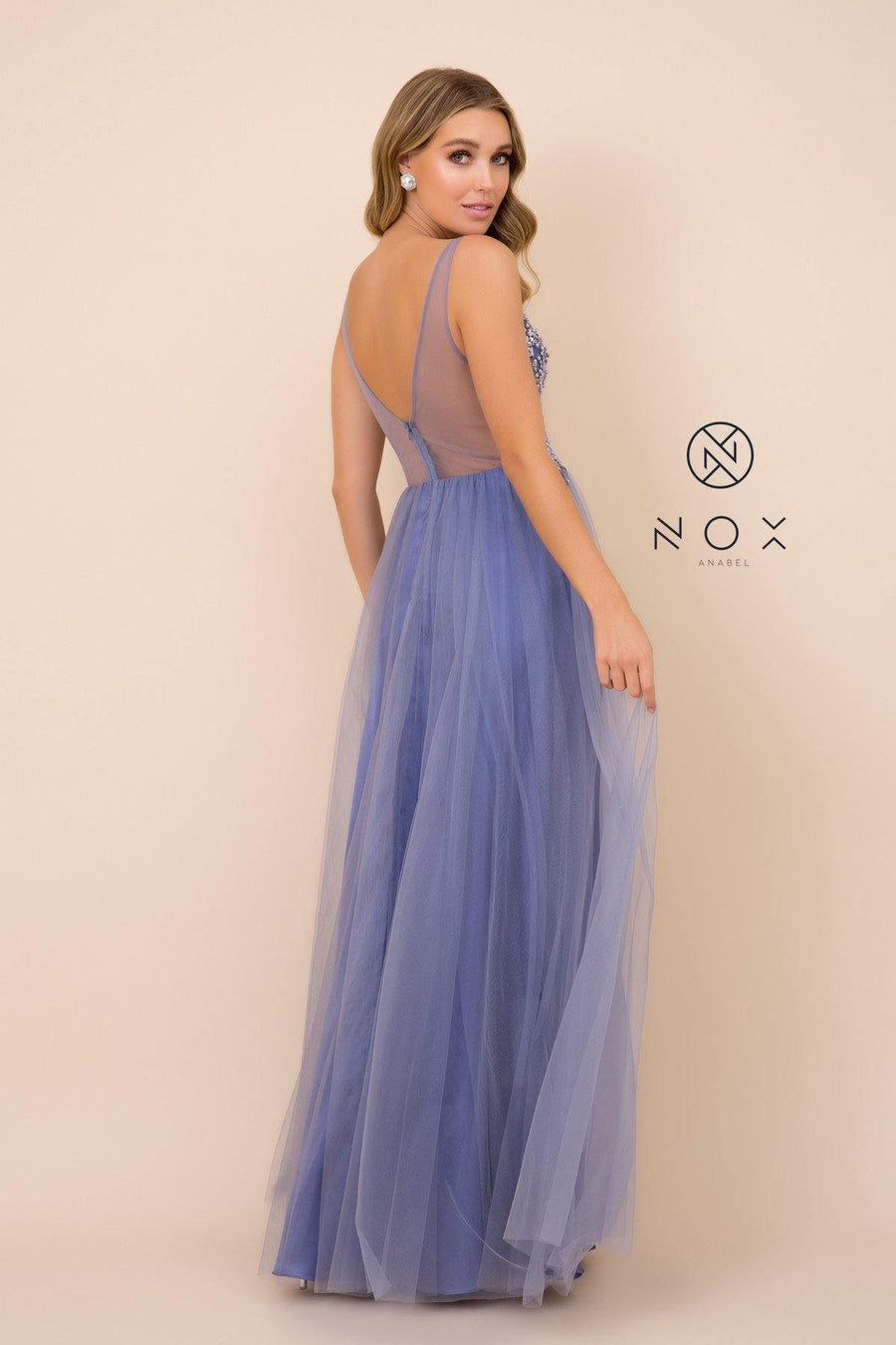 Long A-Line Tulle Prom Dress With Beaded Bodice - The Dress Outlet Nox Anabel