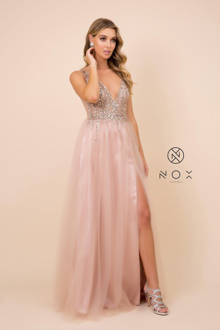 Long A-Line Tulle Prom Dress With Beaded Bodice - The Dress Outlet Nox Anabel