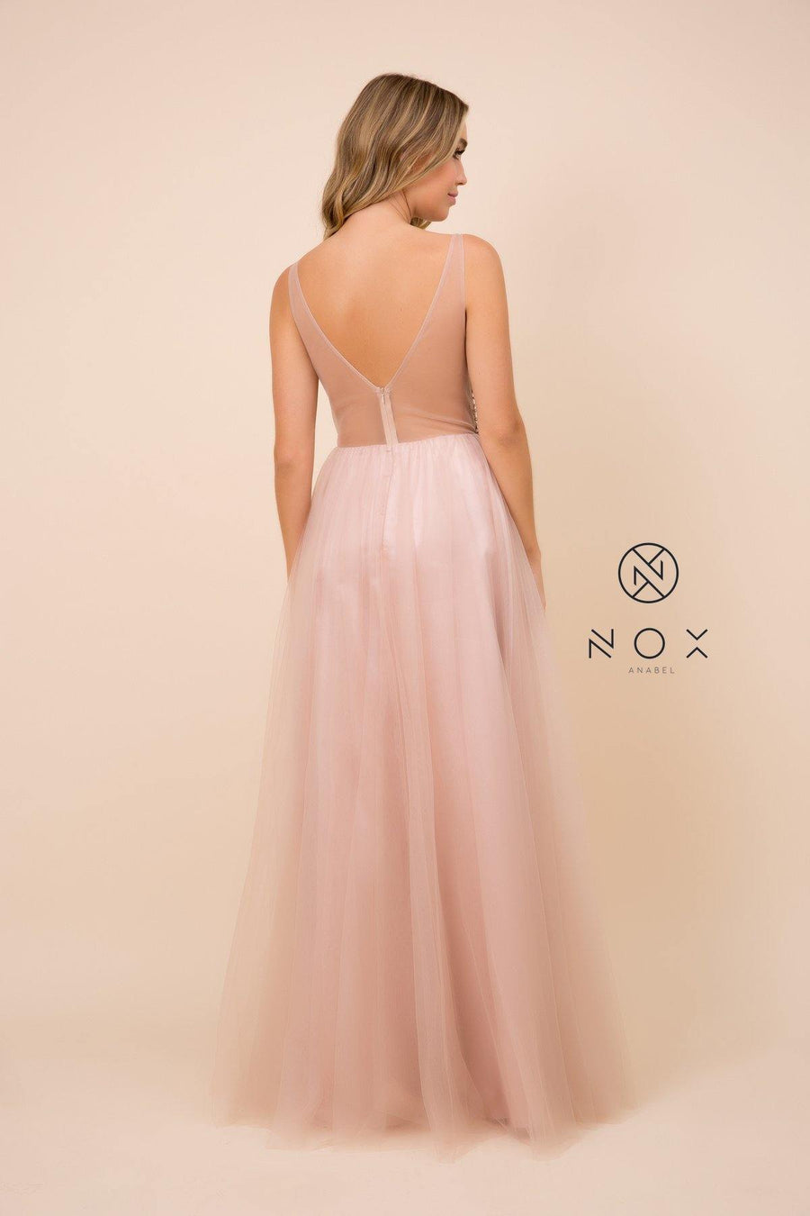 Long A-Line Tulle Prom Dress With Beaded Bodice - The Dress Outlet Nox Anabel