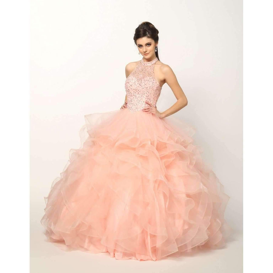 Long Ball Gown Beaded Halter Quinceanera Dress - The Dress Outlet Juliet