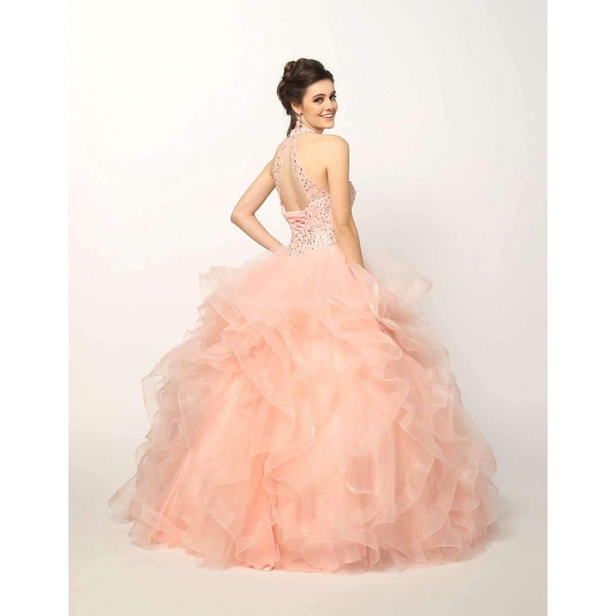 Long Ball Gown Beaded Halter Quinceanera Dress - The Dress Outlet Juliet