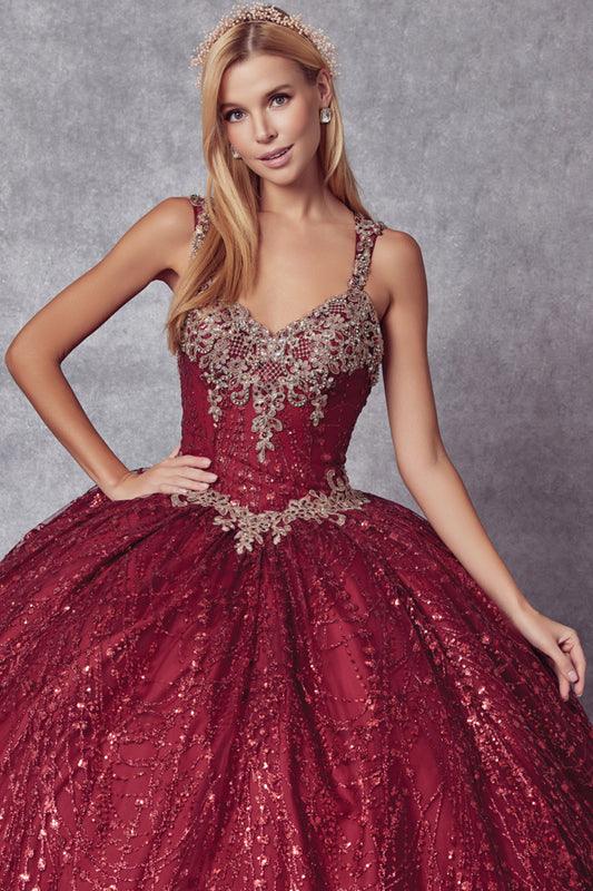 Long Ball Gown Quinceanera Glitter Dress - The Dress Outlet