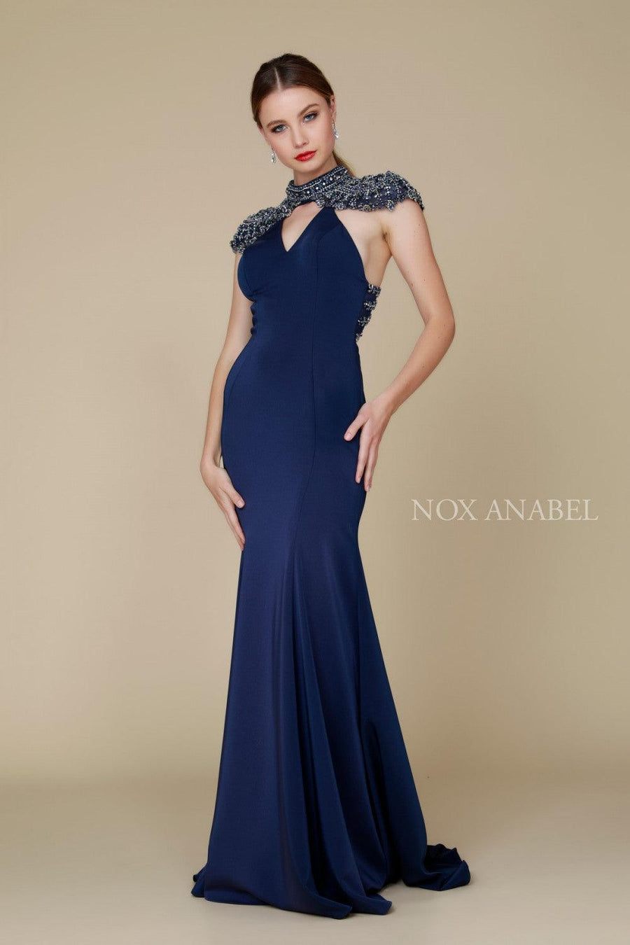 Long Beaded Coverlet Evening Gown Prom Dress Navy Blue - The Dress Outlet Nox Anabel