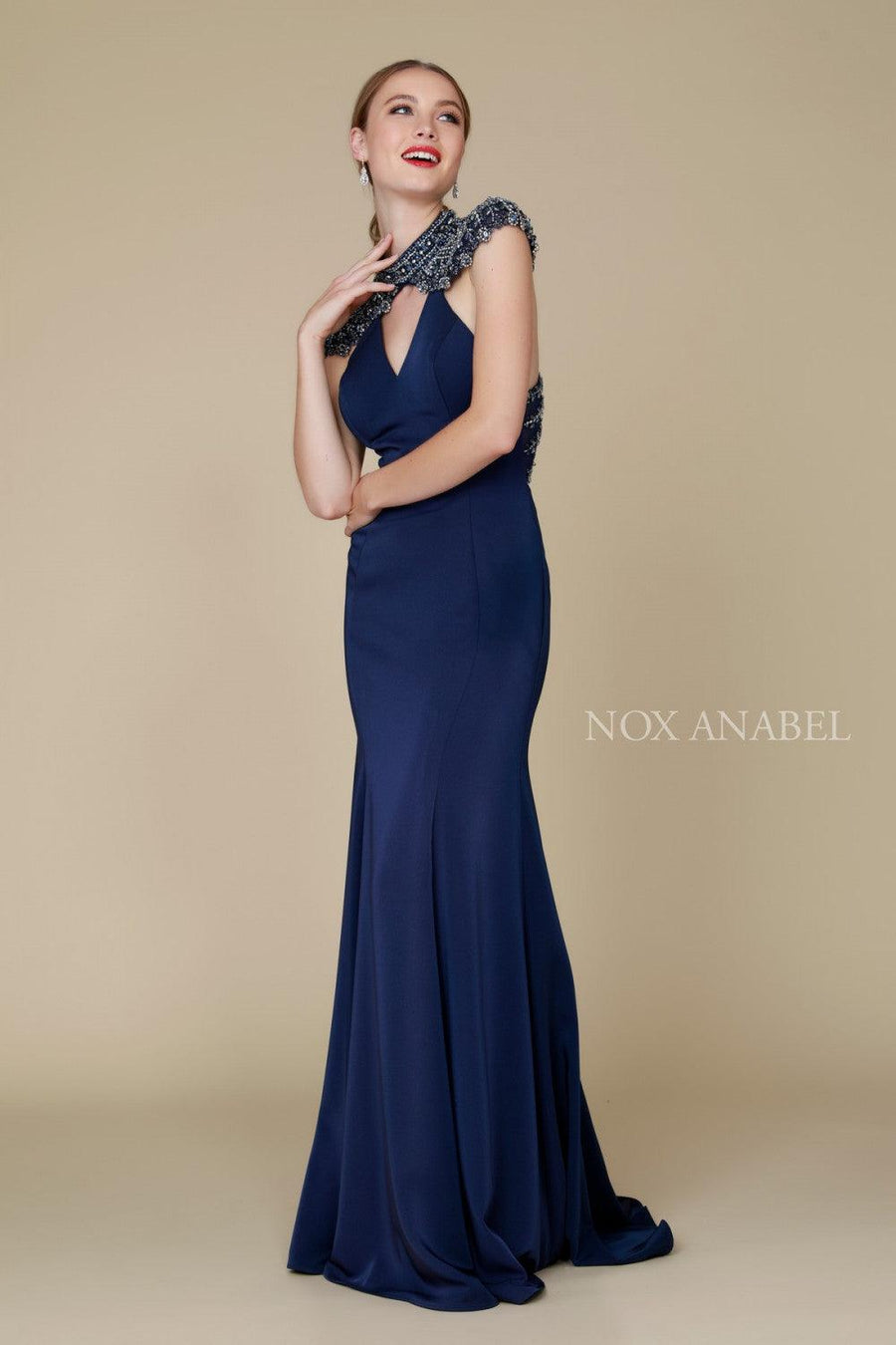 Long Beaded Coverlet Evening Gown Prom Dress Navy Blue - The Dress Outlet Nox Anabel