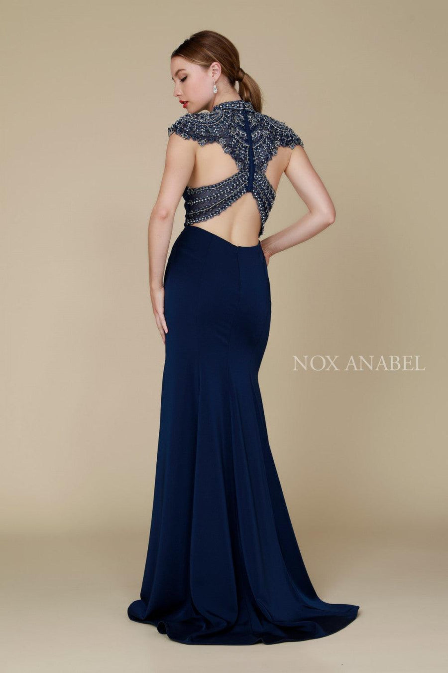 Long Beaded Coverlet Evening Gown Prom Dress Navy Blue - The Dress Outlet Nox Anabel