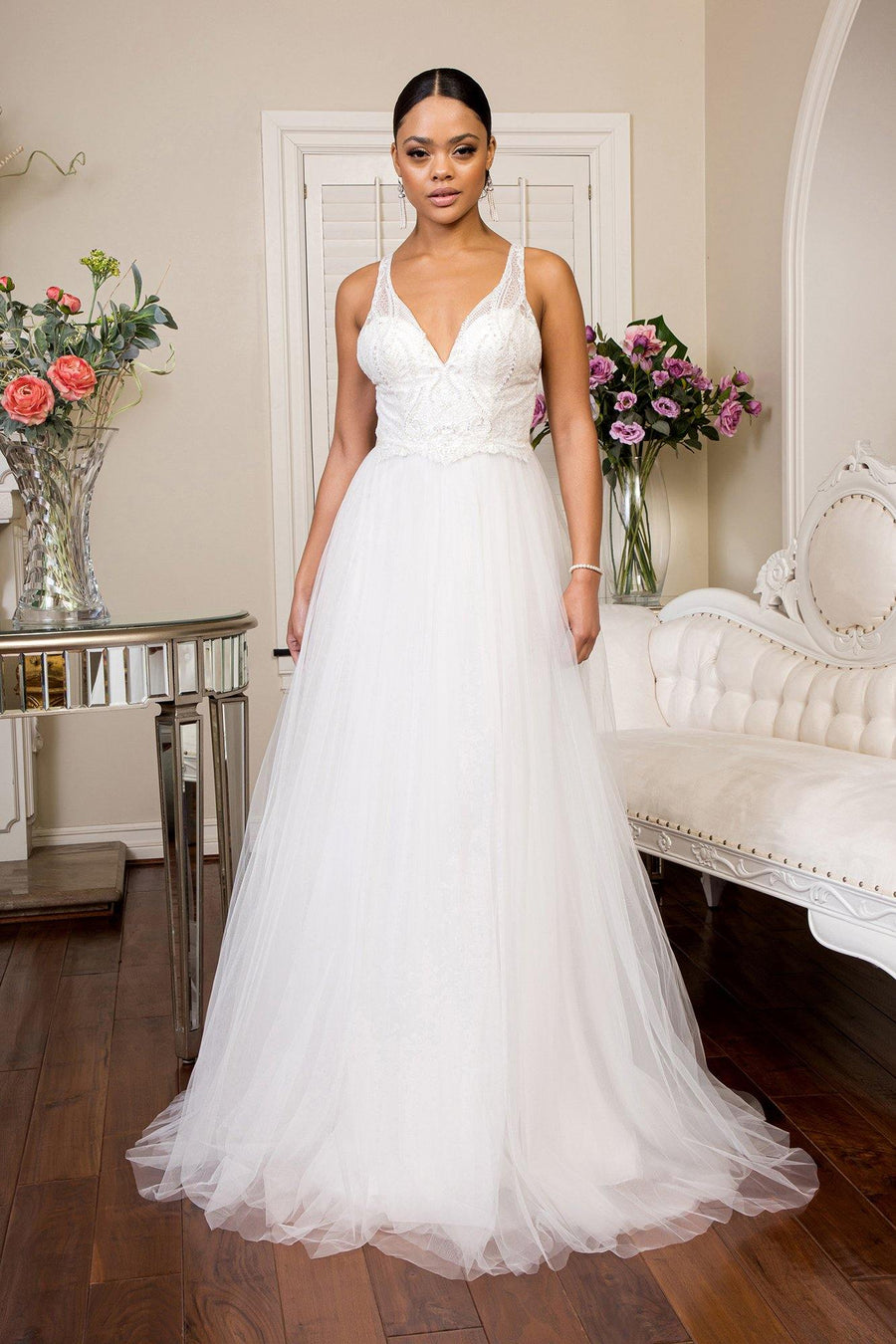 Long Beaded Glitter Mesh Wedding Dress - The Dress Outlet