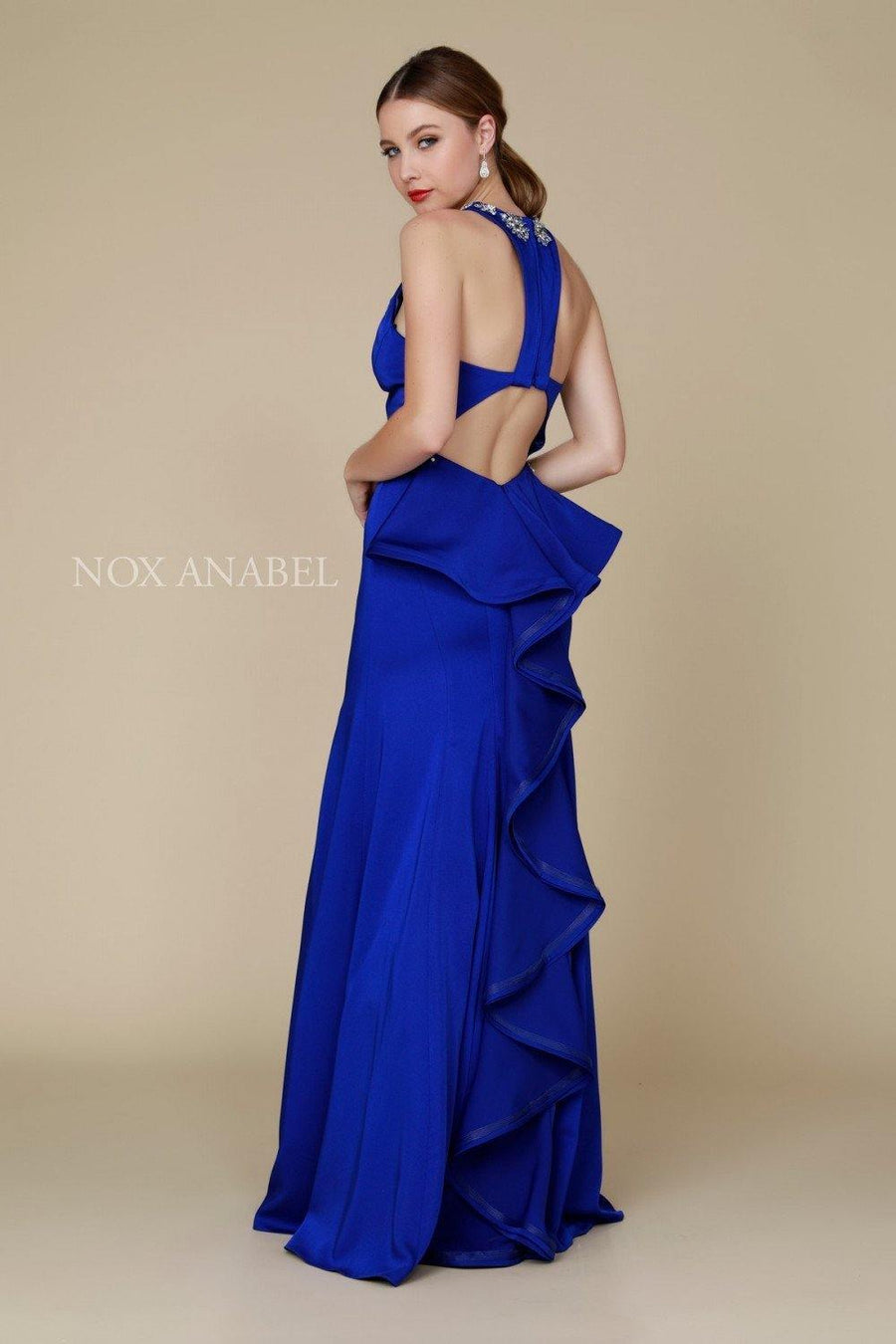 Long Beaded Ruffled Prom Dress Formal - The Dress Outlet Nox Anabel