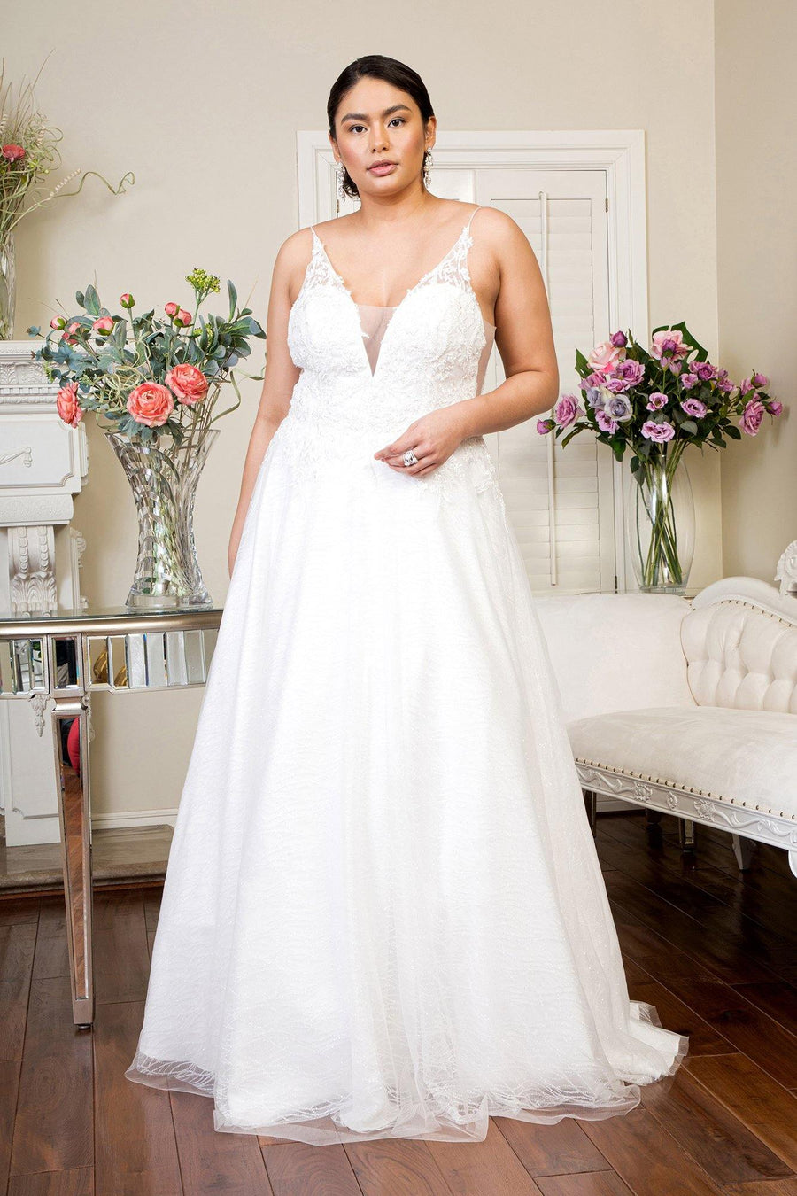 Long Beads Embellished Glitter Mesh Wedding Gown - The Dress Outlet