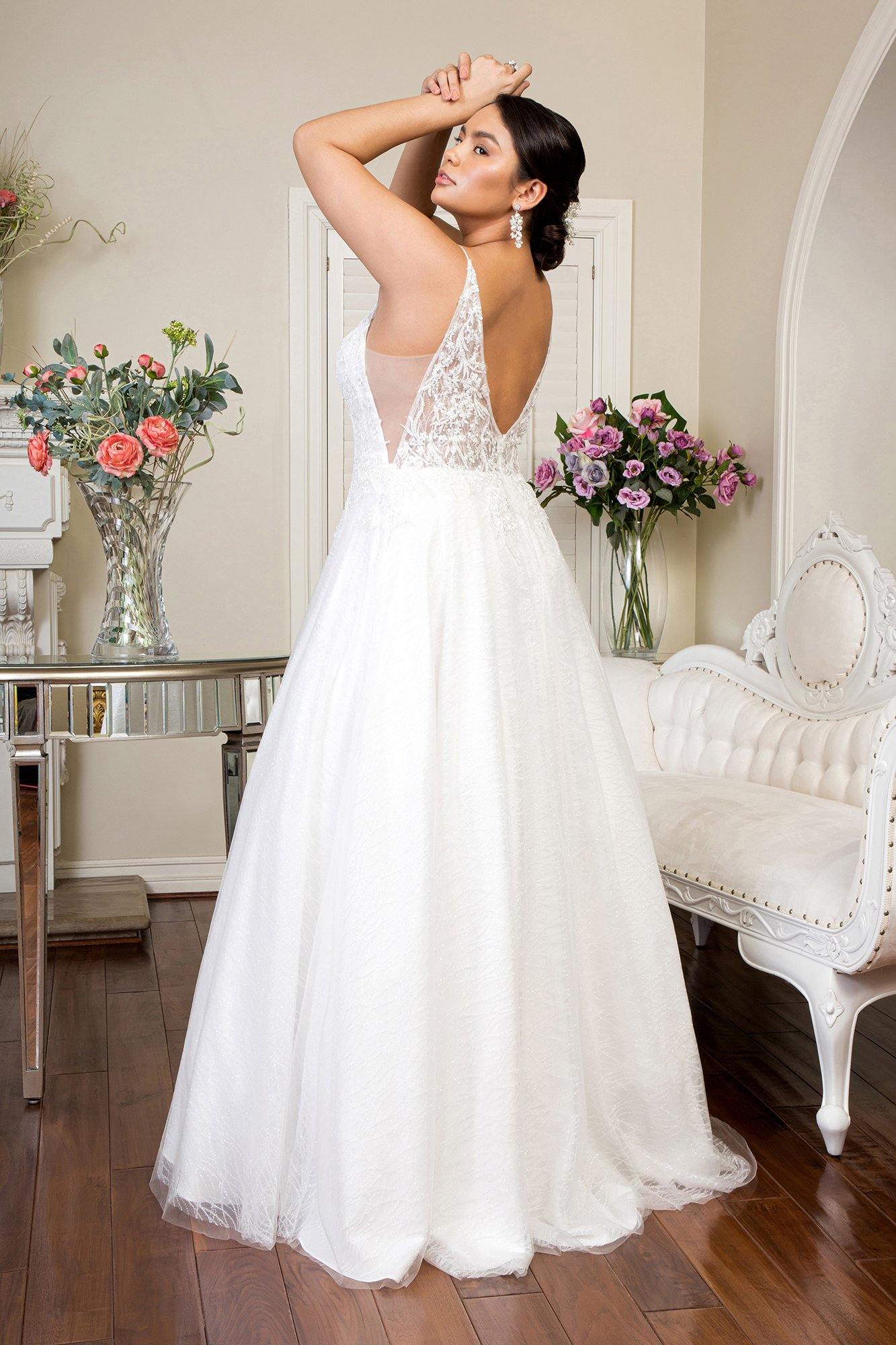 Long Beads Embellished Glitter Mesh Wedding Gown - The Dress Outlet