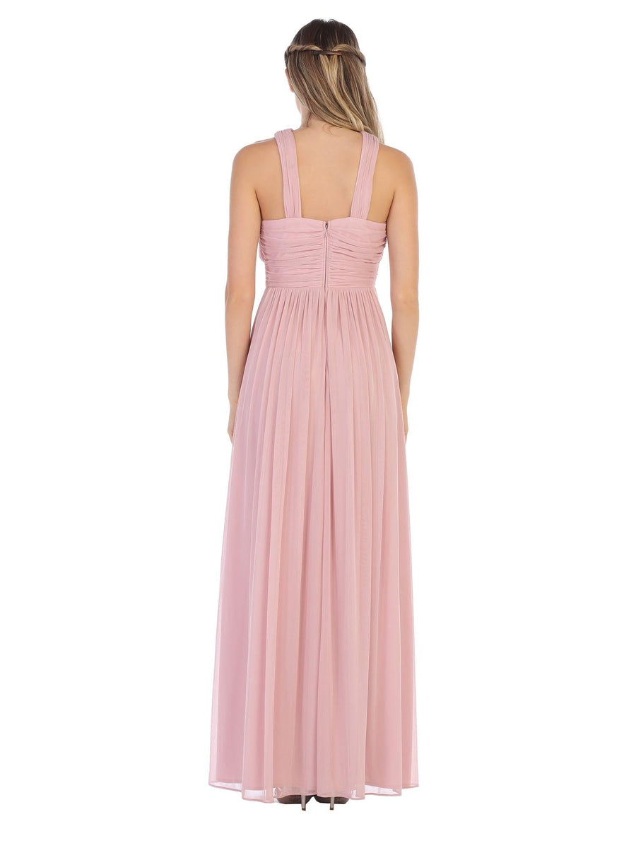 Long Criss Cross Halter Bridesmaid Dress - The Dress Outlet