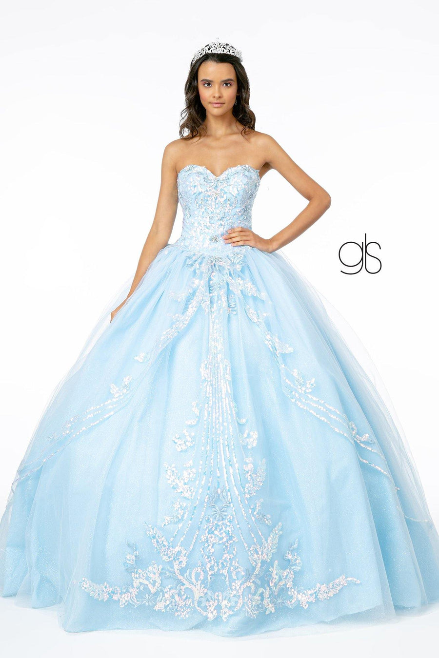 Long Embellished Glitter Mesh Quinceanera Dress - The Dress Outlet Elizabeth K