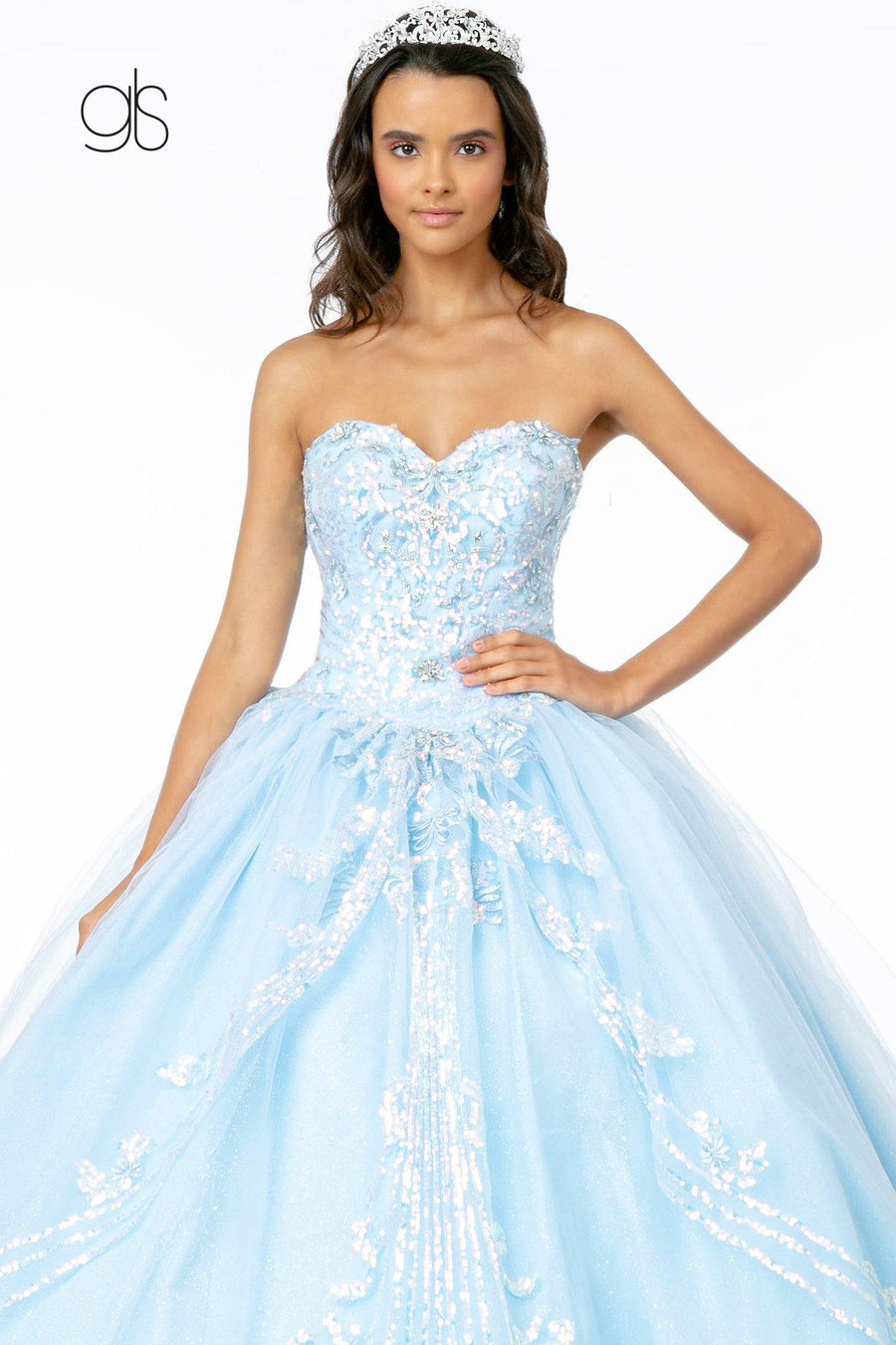 Long Embellished Glitter Mesh Quinceanera Dress - The Dress Outlet Elizabeth K