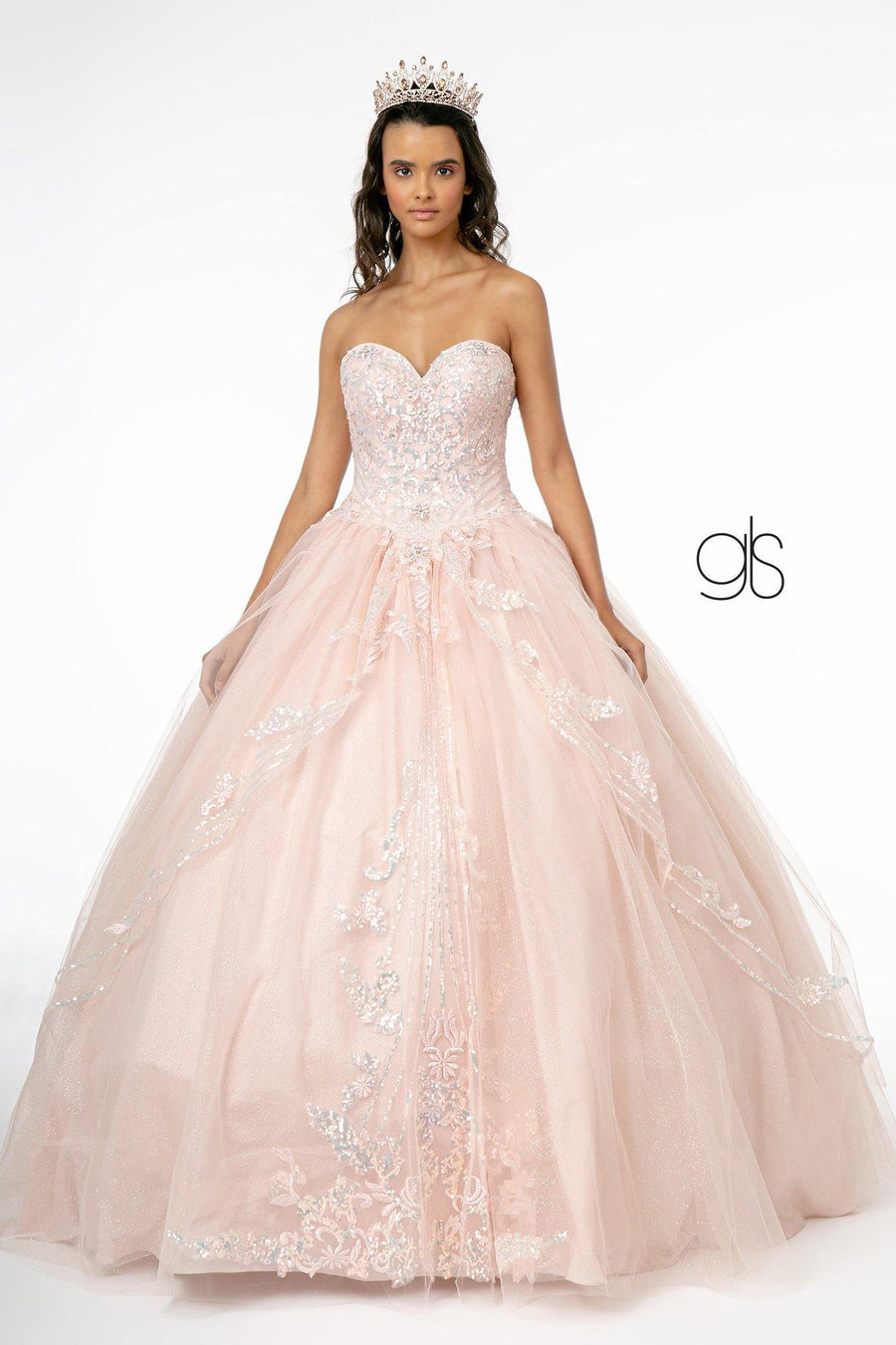 Long Embellished Glitter Mesh Quinceanera Dress - The Dress Outlet Elizabeth K