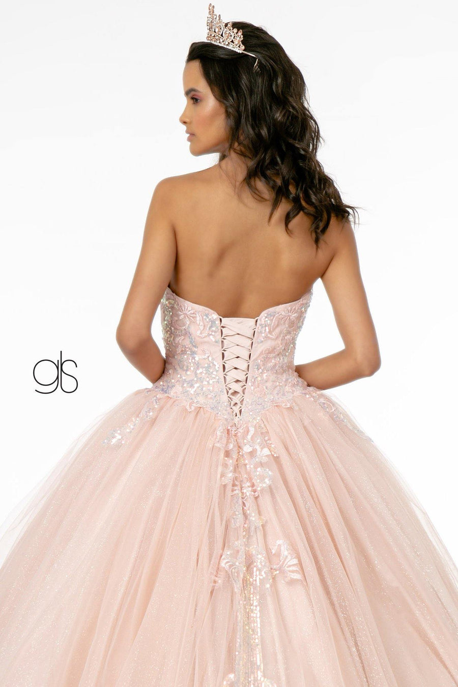 Long Embellished Glitter Mesh Quinceanera Dress - The Dress Outlet Elizabeth K