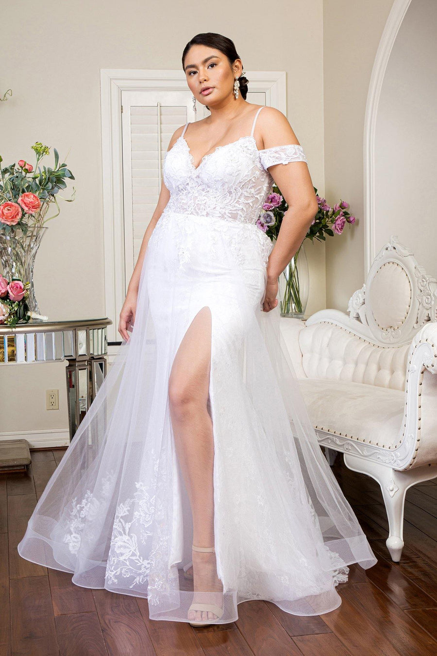 Long Embroidered Off Shoulder Lace Wedding Gown - The Dress Outlet