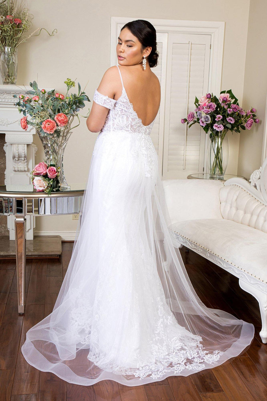 Long Embroidered Off Shoulder Lace Wedding Gown - The Dress Outlet