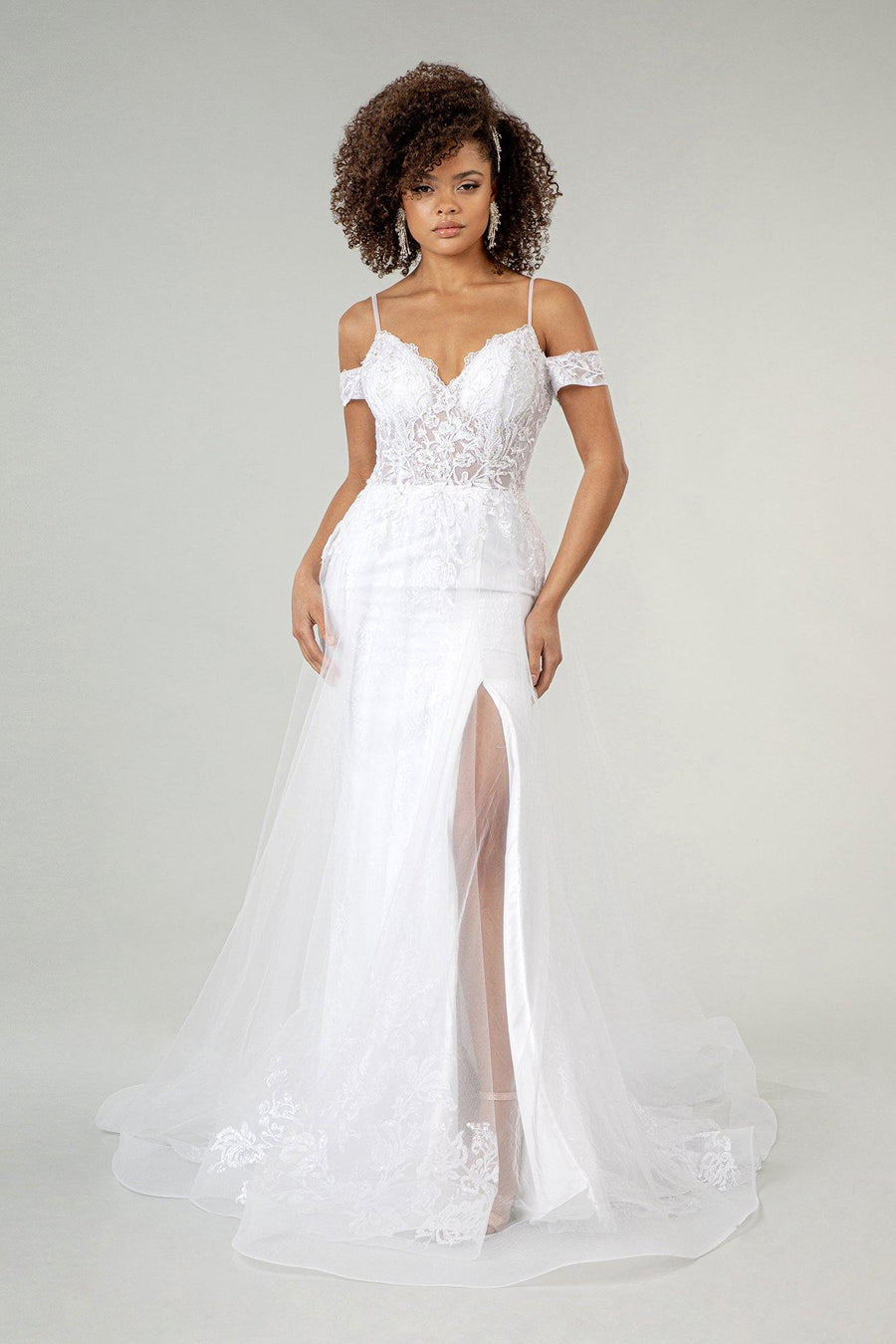 Long Embroidered Off Shoulder Lace Wedding Gown - The Dress Outlet